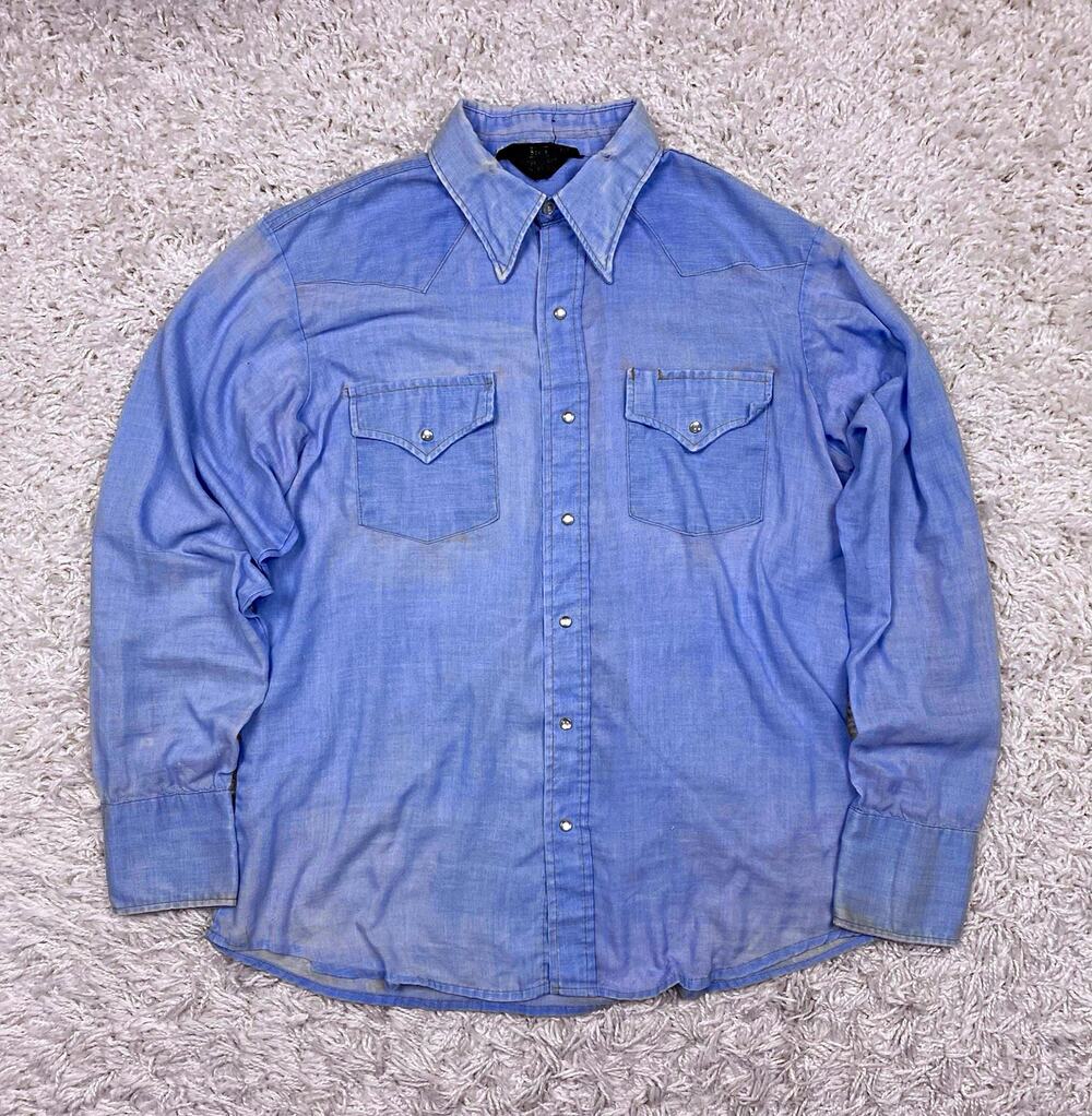 Vintage 60s 70s Sears Western Pearl Snap Chambray Shirt XL Paper Thin Distressed